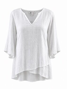 Cristina B White Linen Blend Tunic Top Size M Relaxed Layered Hem Lagenlook